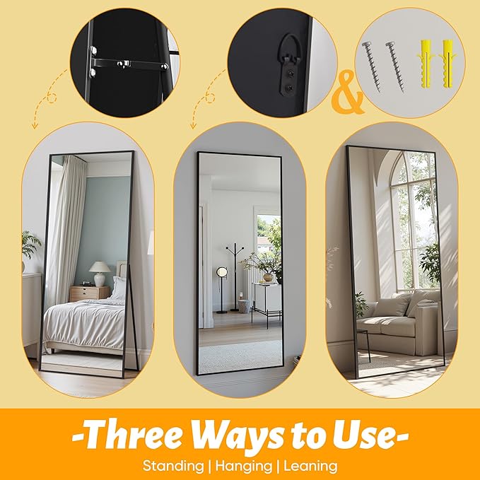 Antok Mirror Full Length, 61"x18" Big Floor Mirror, Oversized Full Body Mirrors with Stand for Bedroom, Living Room Cloakroom, Black, Rect Corner Style