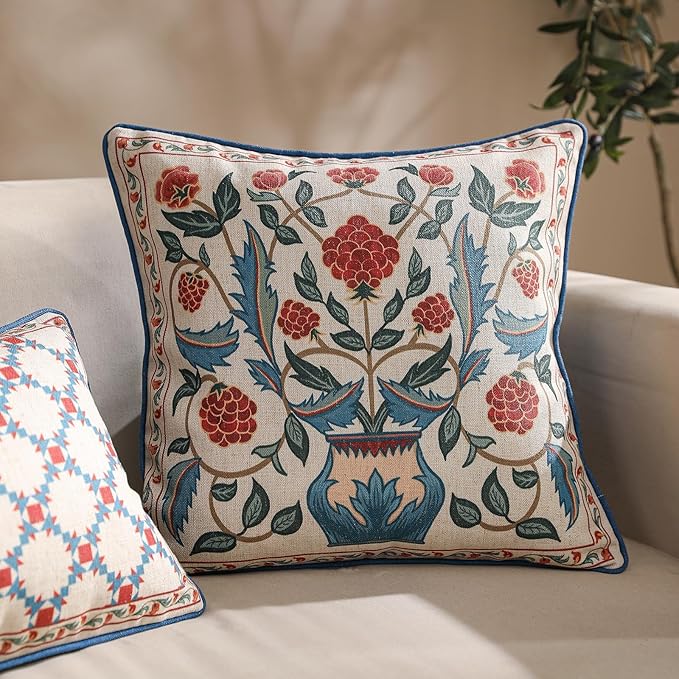 patdrea Designer Throw Pillow Covers Set of 2,Square Brilliant Vintage Red Tropical Linen with Floral Pattern Pillow Cover,Decorative Pillowcases Cushion for Bed Living Room Outdoor Car,18"x18"