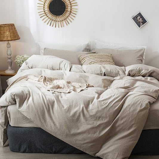 MooMee Bedding Duvet Cover Set 100% Washed Cotton Linen Like Textured Breathable Durable Soft Comfy (Heathered Tannish Linen Grey, Cal King 104"x98")