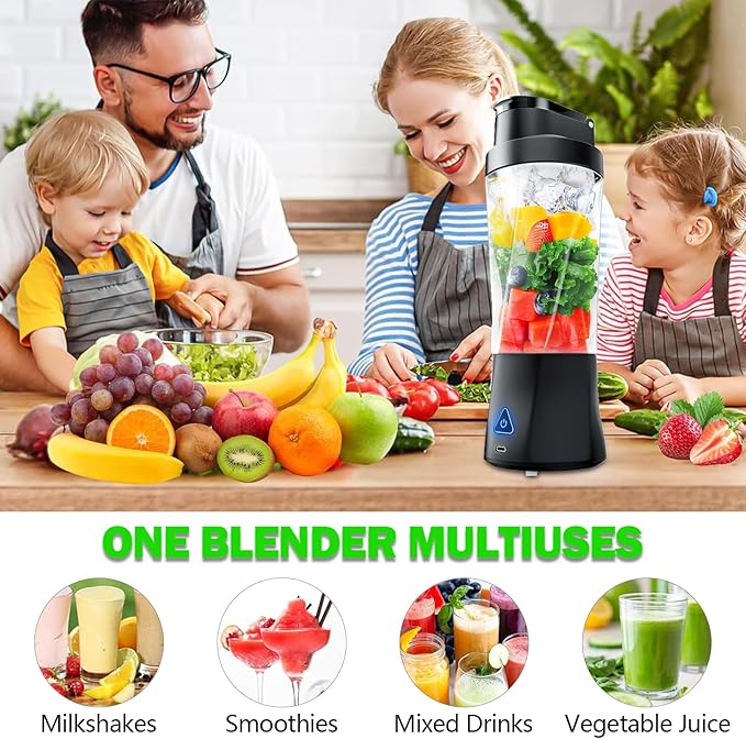 Portable Blender, 24oz Personal Blender for Shakes & Smoothies, 6000mAh, Leakproof-Lid & Sip Spout, BPA Free, USB-C Rechargebale and Self Cleaning Portable Juicer with 6 Sharp Blade, Black