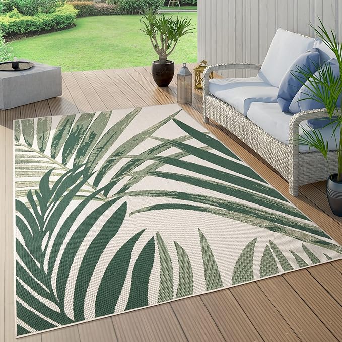 Tropical Outdoor Rug Palm Tree & Jungle Design Flatweave in Green Beige, Size: 5'3" x 7'7"