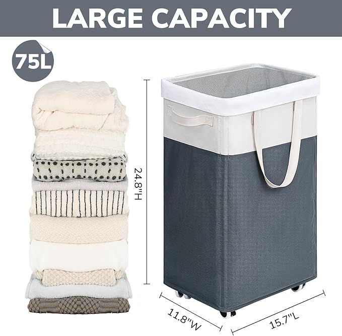 Goodpick Laundry Baskets 2-Pack, 75L Hamper with Wheels, Foldable Laundry Baskets with Removable Wash Bags, Rolling Laundry Hamper for Corner Dorm, Slim Laundry Basket, Grey&White