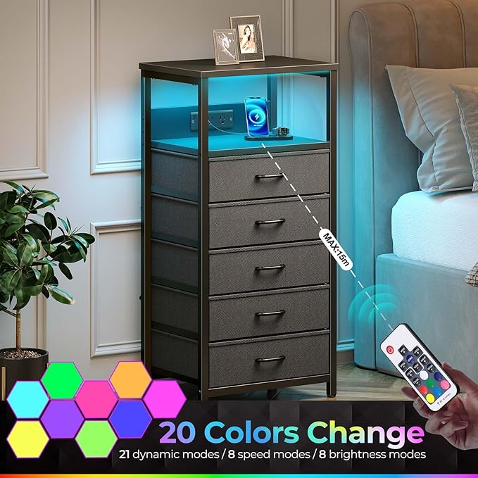 Seventable Night Stand with Charging Station, Tall Nightstand with 5 Fabric Storage Drawers, Side Table with LED Light for Bedroom, Entryway, Black
