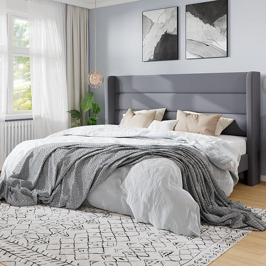 SHA CERLIN King Size Velvet Bed Frame/Vertical Channel Tufted Wingback Headboard/Upholstered Platform Bed with Wooden Slats/Mattress Foundation/No Box Spring Needed/Easy Assembly/Grey