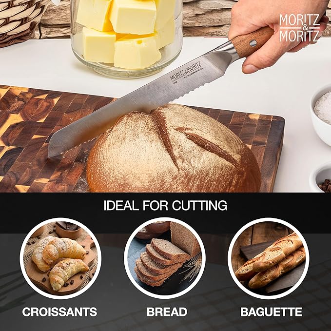 Moritz & Moritz 8-Inch Serrated Bread Knife – Professional Kitchen Bread Knife for Homemade Bread, Baguettes, Pastries & Cakes – Sharp German Stainless Steel Blade with Ergonomic Acacia Wood Handle