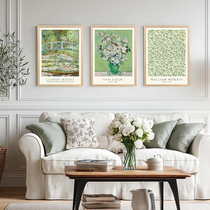 FASWQ Wood Framed Monet Van Gogh William Morris Wall Art, Grass Botanical Wall Decor, Mid Century Impressionist Canvas Paintings, Modern Green Landscape Poster Print for Living Room Bedroom 12"x16"x3