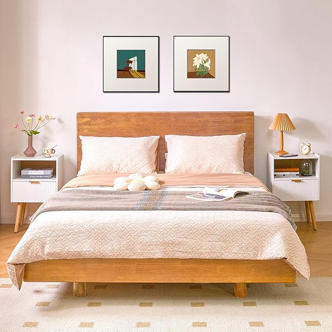 Nightstand with Storage Drawer, Modern Bedside Table with Liner Drawer and Solid Wood Legs, Small End Table with 2-Tier Storage, White YD-TM061W