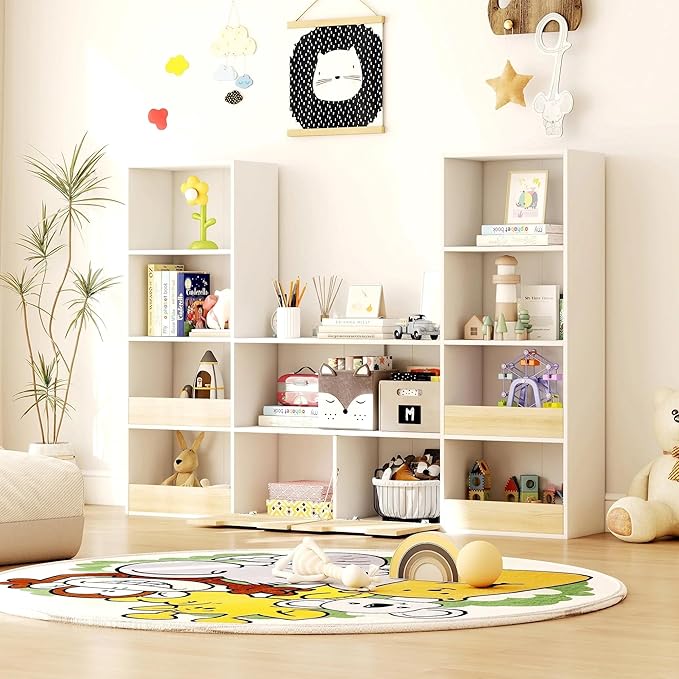 Kids Bookshelf and Toys Storage Organizer - 4 Tier Bookcase for Kids Room, 9 Cube Toys Bookshelf with 2 Drawers,Book Shelf for Living Room Playroom for Children,Toddlers, Gifts,Oak & White