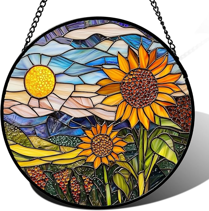 Stained Glass Suncatcher, Sunflower Flowers Landscape Sun Catcher Plant Mountains Stain Glass Window Hanging Decoration Mother's Day Birthday Gifts for Women Men Mom Nana 9.8 in