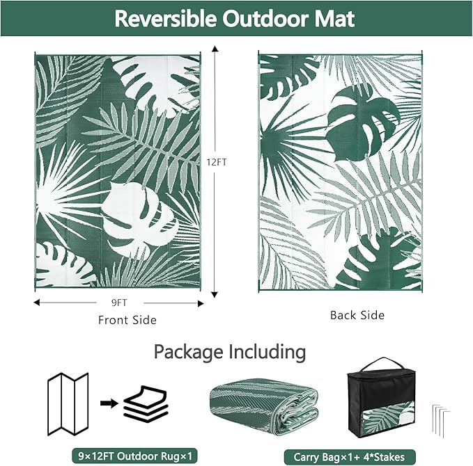 Waterproof Outdoor Rug 9x12 ft, Reversible Plastic Straw Mat with Leaf Pattern, Large Floor Mat for Patio, Camping, Picnic, Backyard RV, Deck, Dark Green
