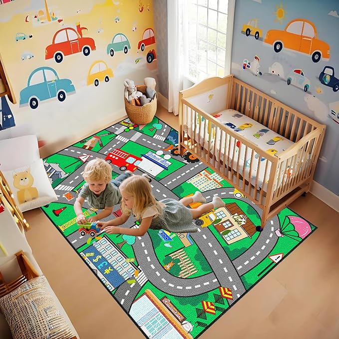 Car Track Rug - Car Rugs for Kids Toy Cars City Life Road Mat for Kid Large Kids Play Mat Cars Rug for Boys Girls Playroom Living Room Bedroom Classroom, Green, 5'×7'