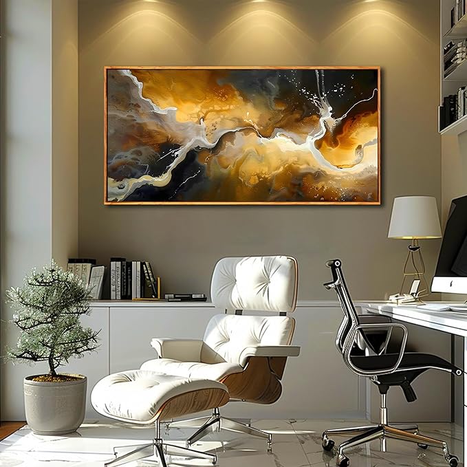 Abstract Wall Art for Living Room, Marble Canvas Wall Decor for Bedroom, Black and Gold Picture Print Artwork for Office, Large Size 59 x 29 Inches Framed
