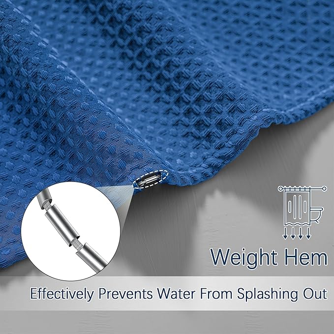 Classic Blue Stall Fabric Shower Curtain - Water Repellent Waffle Textured 256GSM Heavy Duty Cloth Shower Curtains for Bath Tubs, Narrow Hotel Quality Bath Curtain Set with 6 Hooks, 36Wx72H