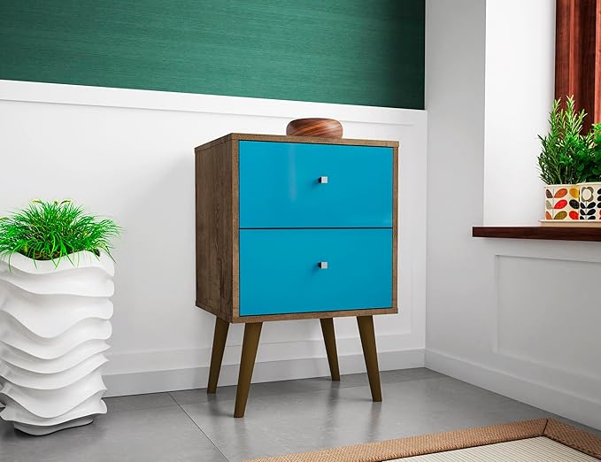 Manhattan Comfort Liberty Mid Century Modern Nightstand with Drawers, Bedside Table for Bedroom and Living Room, Night Stand Accent Decor, Easy Assembly, Rustic Brown/Aqua Blue