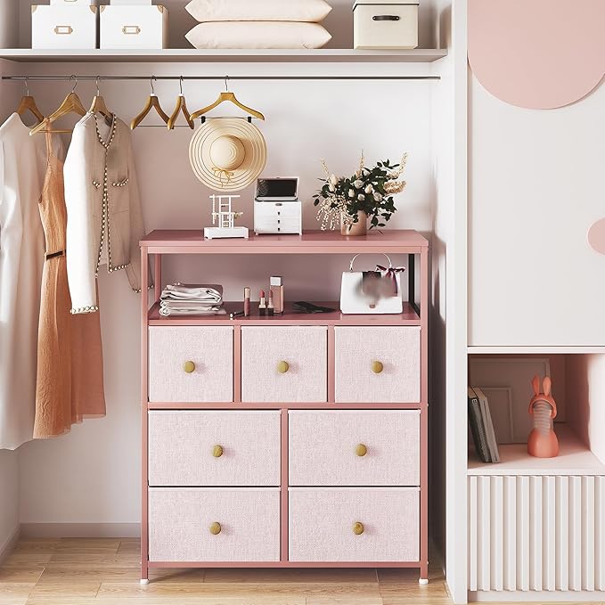 EnHomee Dresser for Bedroom with 7 Drawers and 2 Shelves,Tv Stand for Bedroom,Pink Dresser for Closet,Hallway,Entryway,Dormitory,Dorm Storage