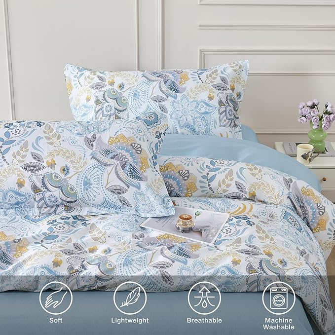 SAPHREAS Blue Floral Duvet Cover Set Full Size Geometric Pattern Botanical Blossom Bedding Comforter Cover Set 100% Cotton 1 Duvet Cover 2 Pillow Shams, Comforter Not Included