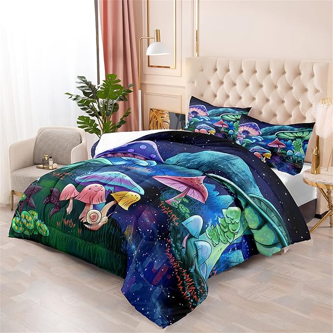 Mushroom Comforter Set for Bedroom - Twin Size, Colorful Mushroom Bedding Set with Quilt and Pillowcases