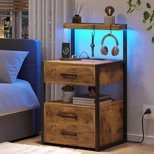 VIAGDO Led Nightstand with Charging Station, 3 Drawers Night Stands with Led Lights, Rustic Brown Bedside Tables with Storage Shelves, Modern End Side Tables for Bedroom, Office