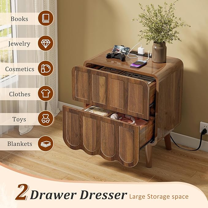 LYNCOHOME Nightstand with Charging Station, 18.9 inch Wide End Table with 2 Drawers, Modern Wood Bedside Table Mid Century Modern Night Stand for Bedroom (Rustic Brown)