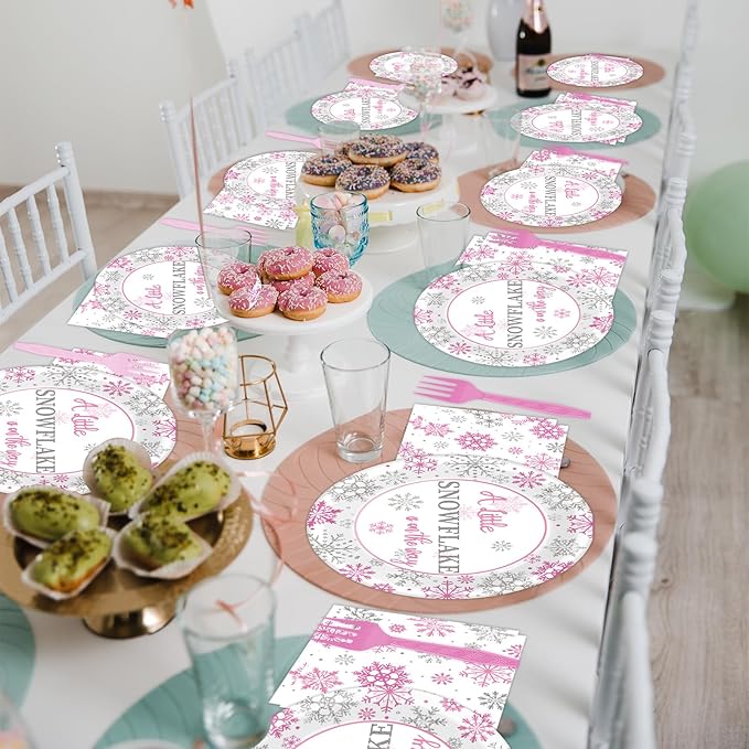 96 Pcs A Little Snowflake is on The Way Party Plates Napkins Tableware Set Winter It’s Cold Outside Supplies Disposable Dinnerware Girl Birthday Party Decoration Favors for Gender Reveal, 24 Guests