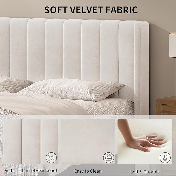 Full Size Upholstered Platform Bed Frame with Modern Wingback & Vertical Panel Headboard, Velvet Fabric, Wooden Legs & Slats Support, No Box Spring Needed, Noise-Free & Easy Assembly, Cream