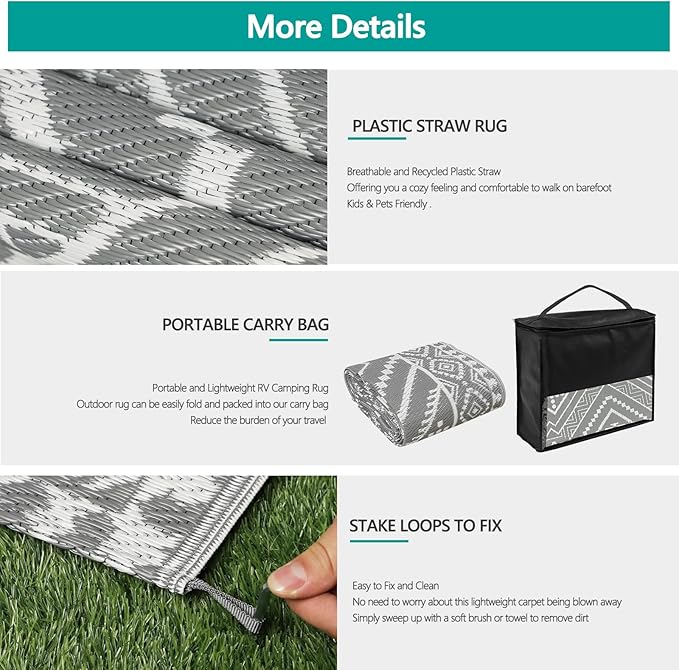 Waterproof Outdoor Rug 4x6 ft, Reversible Plastic Straw Mat, Large Floor Mat for Patio, Camping, Picnic, Backyard RV, Deck, Grey