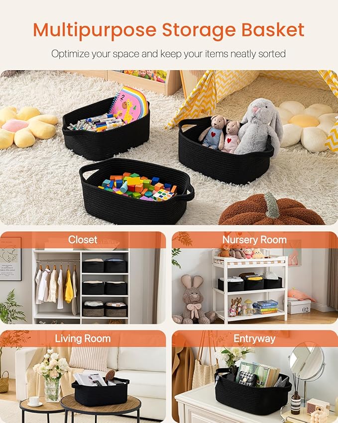 KALLAX Small Woven Basket, 14 x 10 x 5.6 Inches, Small Storage Baskets for Organizing, Gift Baskets Empty, Cute Rope Shelf Closet Storage Bins for Shelves, Dog Toy Basket, Black