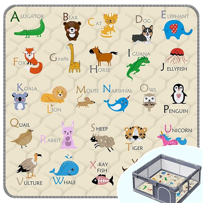Baby Play Mat，Thick Soft 47" X 47" Playpen mat, Non-Slip and Machine Washable Baby Play Mats for Floor，Crawling Mat for Babies, Toddlers & Infants to Play and Learn (Beige Animal)