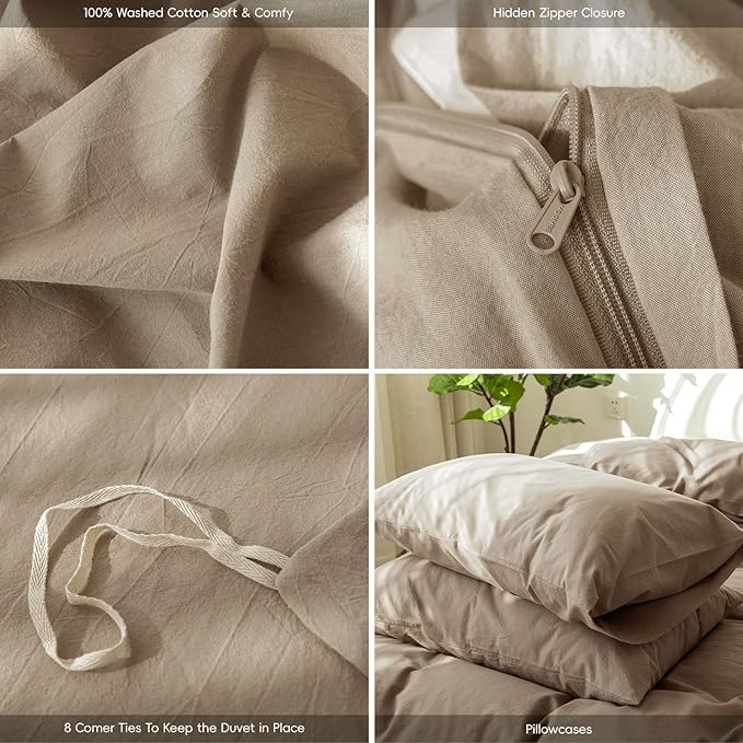 MooMee Bedding Duvet Cover Set 100% Washed Cotton Linen Like Textured Breathable Durable Soft Comfy (Solid Mocha Brown, King 104"x90")