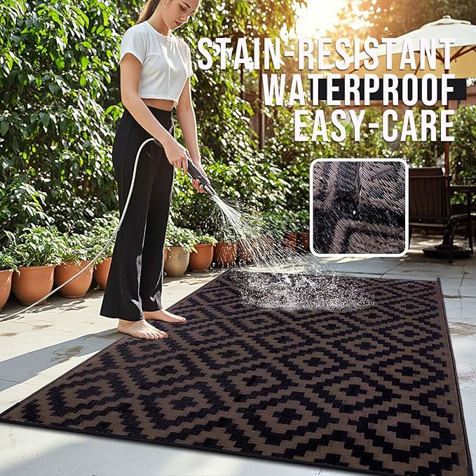 OLANLY Waterproof Outdoor Rug 10x14 ft, Outdoor Plastic Straw Rug for Camping, RV Mat Outside, Outdoor Carpet for Porch, Deck, Backyard, Balcony, Picnic, Black & Brown