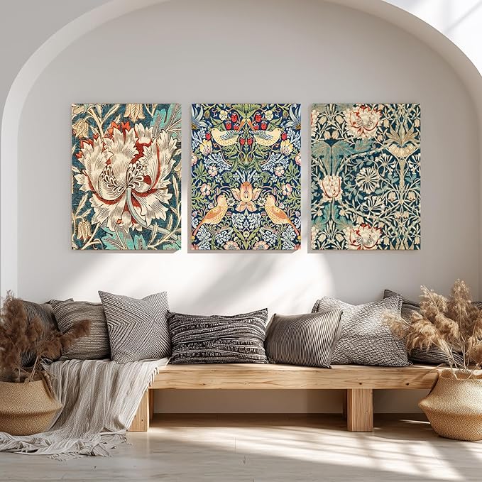 FASWQ Framed William Morris Wall Art, Nouveau Vintage Botanical Wall Decor, Retro Intricate Floral Animal Canvas Painting, Retro Natural Flower Bird Poster Prints for Living Room Bedroom 16"x24"x3