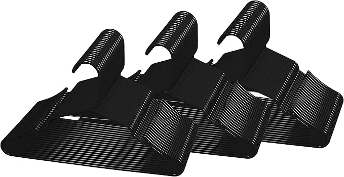 Royale Linens 60 Pack Black Plastic Hangers for Clothes - Heavy Duty Clothes Hanger for Everyday Use - Lightweight & Space Saving Notched Plastic Hangers