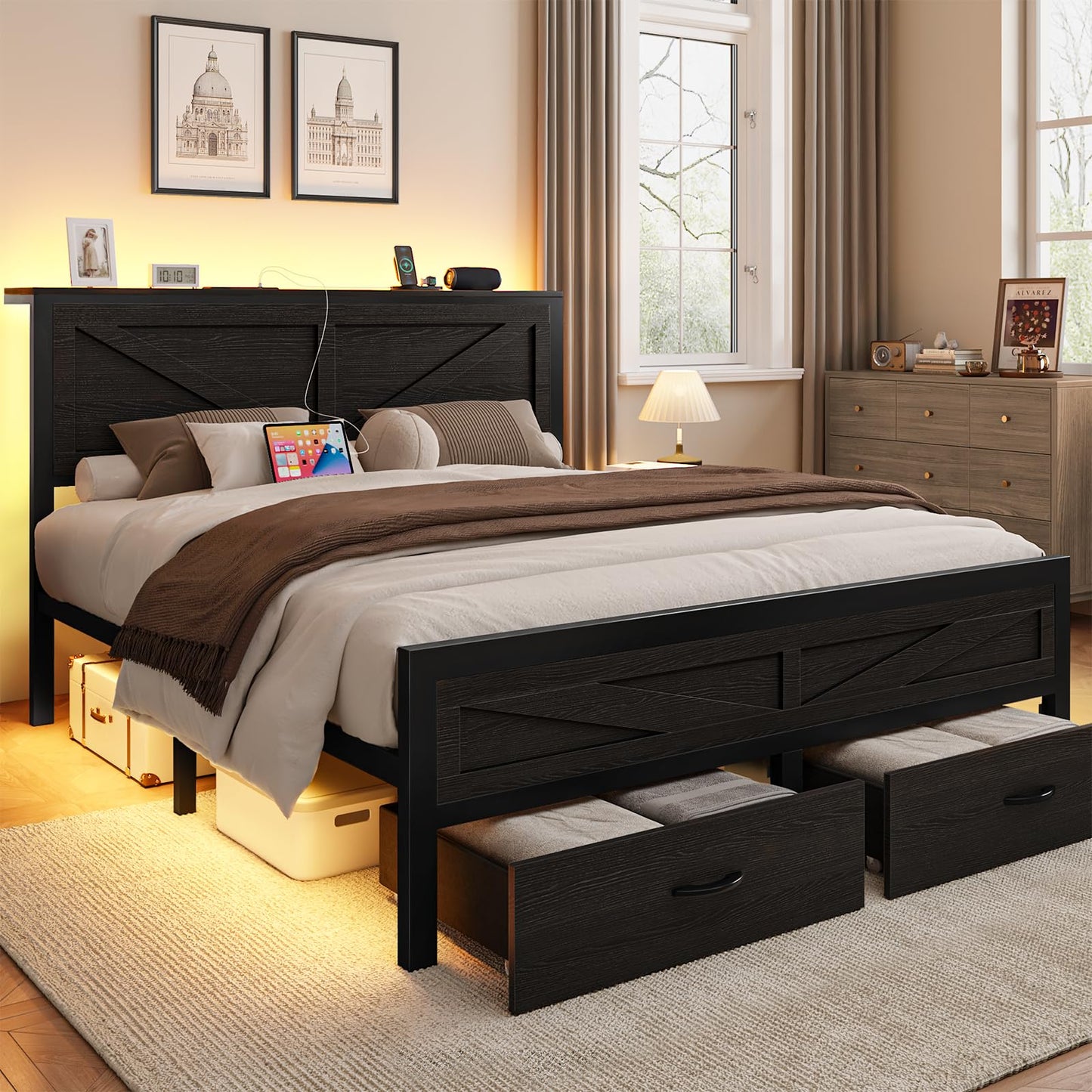 Siihnon Rustic Queen Bed Frame with Storage Drawers and Barn Door Headboard, Farmhouse LED Bed Frame Queen Size with Charging Station, Metal Industrial Platform Bed Frames, No Box Spring Needed, Black