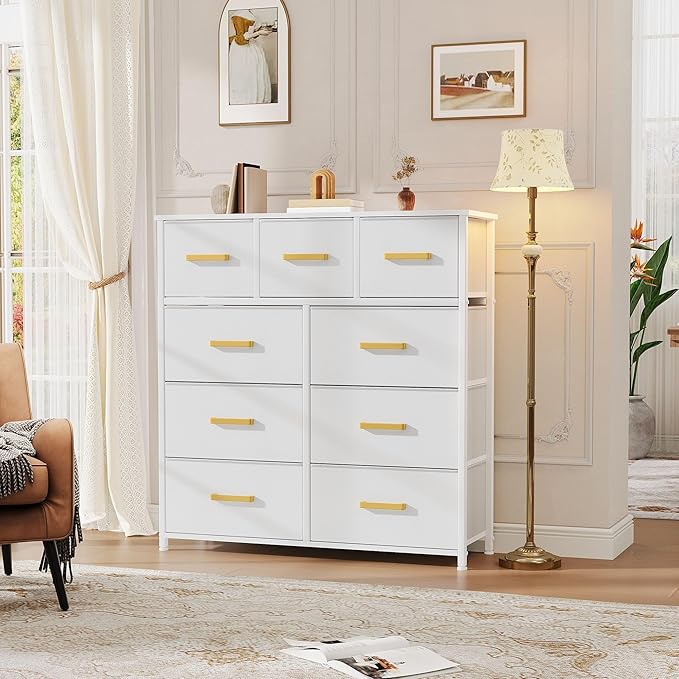 DWVO Dresser with 9 Drawers - Fabric Storage Tower, Organizer Unit for Living Room, Hallway - Sturdy Steel Frame, Wooden Top & Easy Pull Fabric Bins