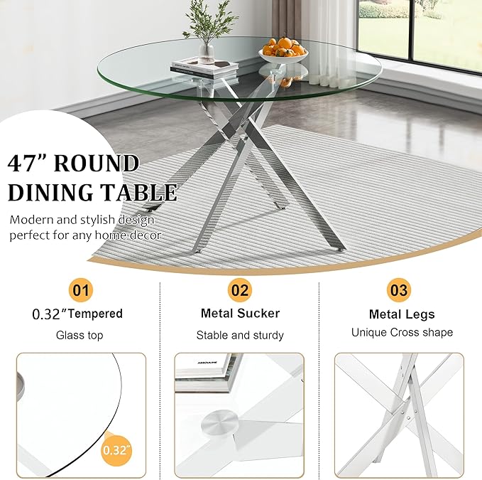 Goujxcy Round Dining Table Set for 6, Modern Glass Kitchen Table and Chairs Set of 6, 7 Piece Dining Room Table Set with 47" Circle Silver Metal Glass Dinner Table and 6 White Leather Dining Chairs