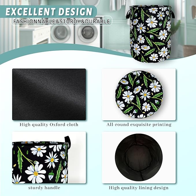 Cute Daisy Flowers Laundry Basket Foldable Oxford Cloth Floral Laundry Hamper With Handle Portable Clothes Storage Basket 18.9 X 16.5 Inch Storage Bag For Laundry Room/Bathroom/Bedroom