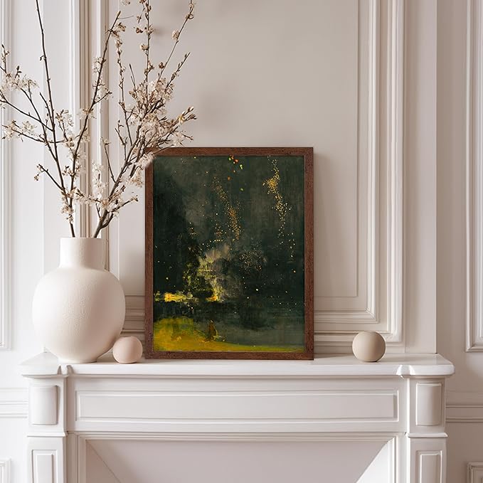 Poster Master Vintage Nocturne in Black and Gold Painting Poster - Retro The Falling Rocket Print - Abstract Art - Moody Art - Landscape Art - Office or Living Room Decor, 8x10 Brown Framed