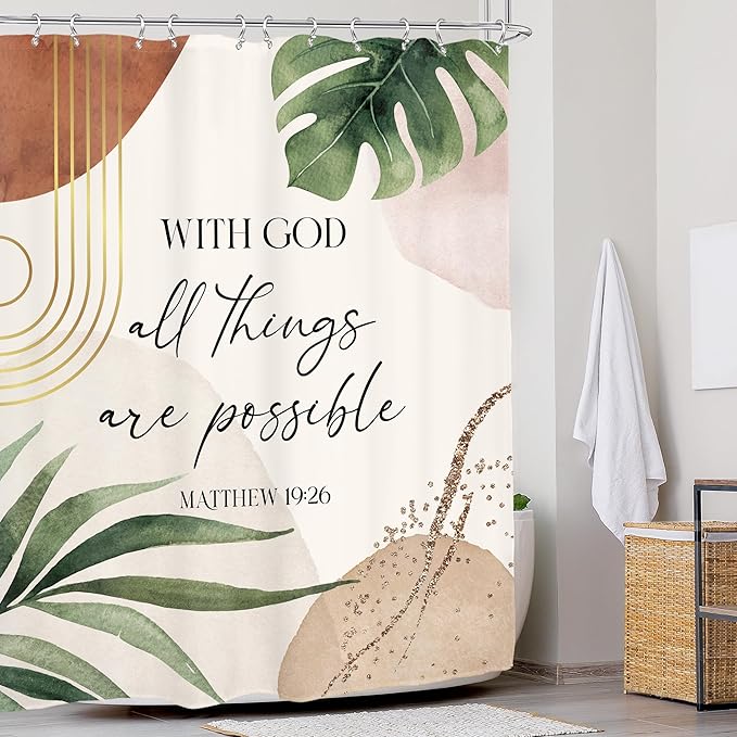 Glawry Boho Bible Verse Shower Curtain 60Wx72L Inches Inspirational Scriptures Quotes Abstract Tropical Green Palm Leaf Mid Century Christian Bathroom Bath Accessories Home Decor Fabric 12 Pack Hooks
