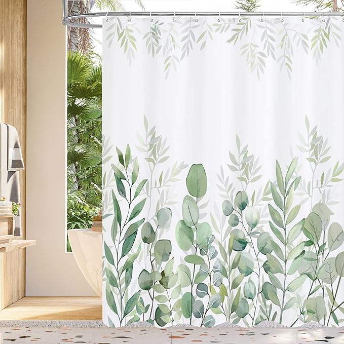 MitoVilla Plant Leaves Long Shower Curtain Set 72 x 78, Green Leaves Fabric Shower Curtains 78 inch Long for Rustic Bathroom Decor, Spring Chic Bathroom Shower Curtain with Hooks
