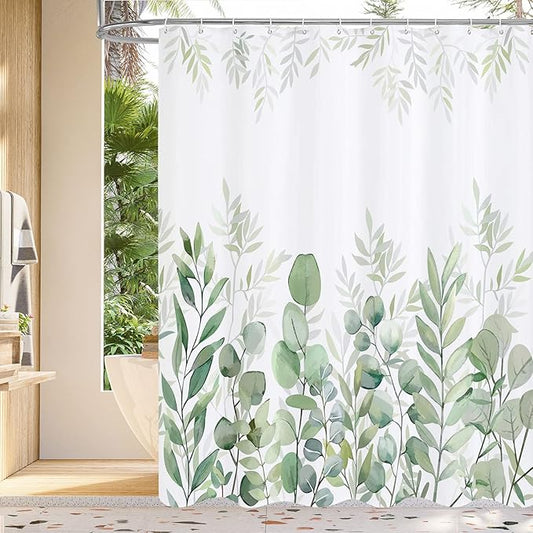 MitoVilla Plant Leaves Long Shower Curtain Set 72 x 78, Green Leaves Fabric Shower Curtains 78 inch Long for Rustic Bathroom Decor, Spring Chic Bathroom Shower Curtain with Hooks