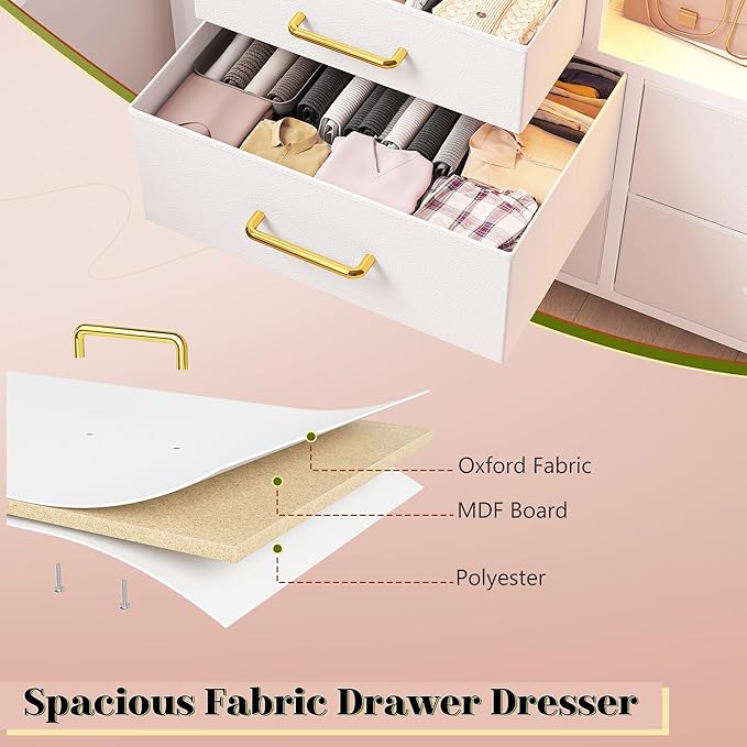 EnHomee White Dresser for Bedroom with 12 Drawers, Fabric Bedroom Dresser with LED Lights & Power Outlets Long Dressers & Chest of Drawers, Sturdy Metal Frame for Closet, Living Room, Hallway