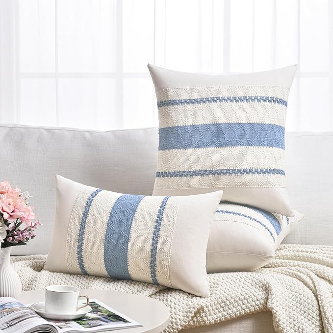 Fancy Homi Set of 2 Boho Light Blue Decorative Throw Pillow Cover 20x20 Inch for Couch Bed Sofa, Aesthetic Modern Organic Farmhouse Home Decor, Soft Cotton Cute Accent Macrame Woven Cushion Case