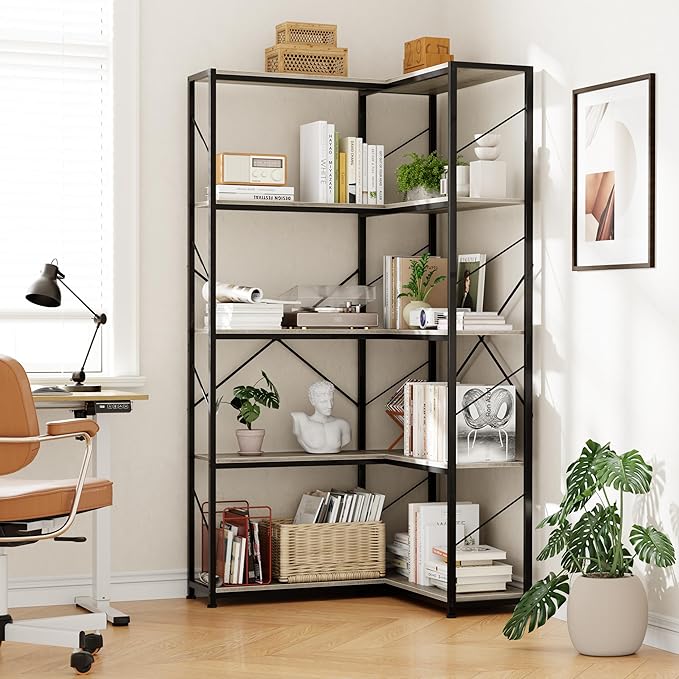 Shintenchi 5 Tier Corner Bookshelf,L Shaped Bookcase,Large Etagere Bookcase,Corner Shelf Display Storage Rack with Metal Frame for Living Room Bedroom Office,Grey