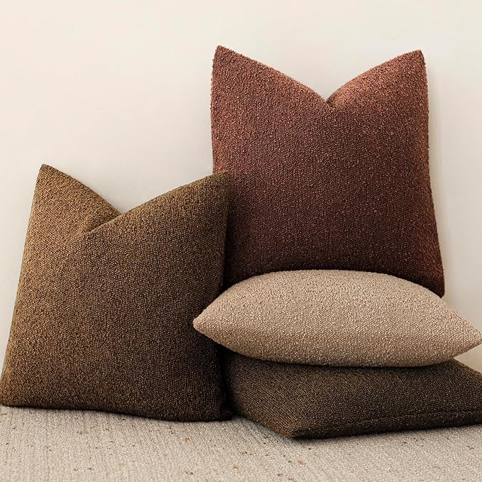 Foindtower Set of 2, Decorative Textured Boucle Throw Pillow Covers Accent Solid Pillow Cases Neutral Soft Cozy Couch Cushion Case for Chair Sofa Bedroom Living Room Home Decor 26x26 Inch Hazel Brown