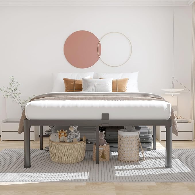 ROIL 12 inch King Size Bed Frame Metal Platform No Box Spring Needed with Headboard Hole Round Corner Legs Mattress Stoppers Retainers 3500LBS Heavy Duty Steel Slats Noise-Free