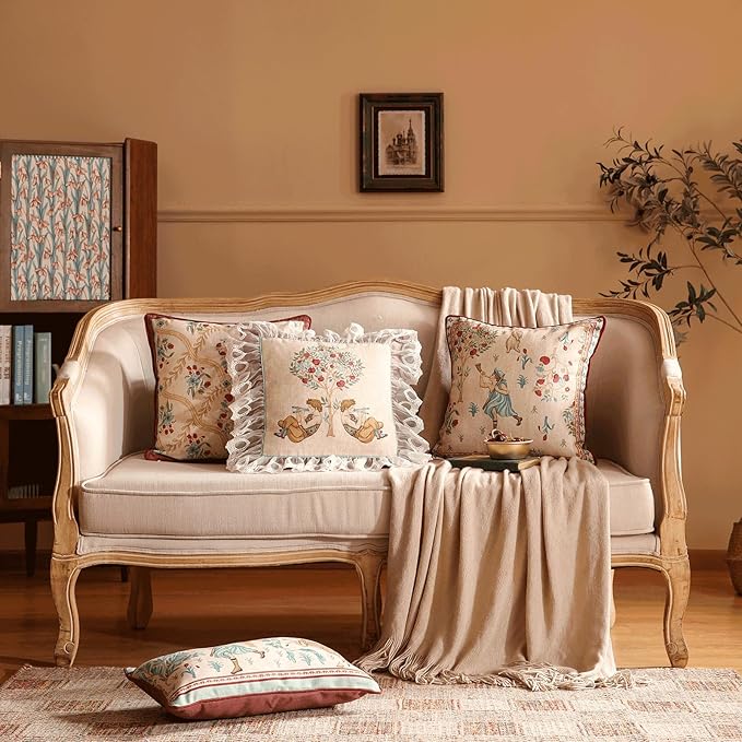 patdrea Designer Pack of 2 Square Throw Pillow Covers,Farmhouse Vintage Linen with Beige Ancient Idyll Pattern Pillows Cover,Decorative Pillowcases Cushion for Bed Living Room Outdoor Car,18"x18"