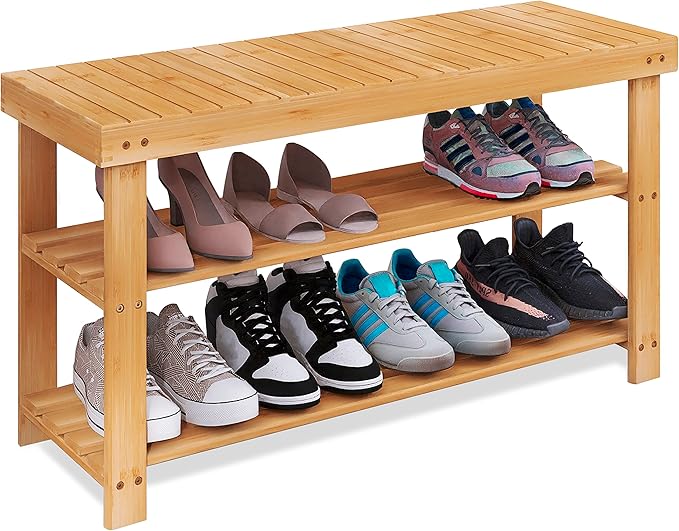 SMIBUY Bamboo Shoe Rack Bench, 3-Tier Shoe Organizer Storage Shelf for Entryway Hallway Bathroom Living Room (Natural)