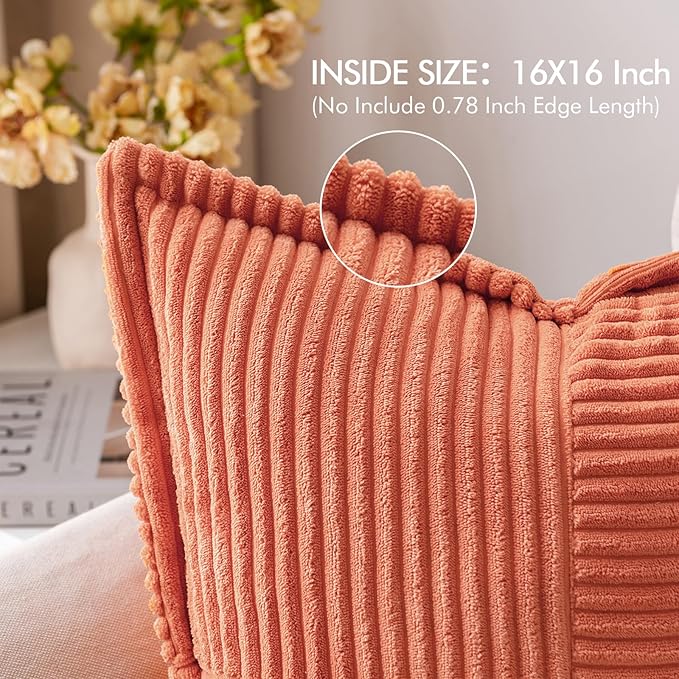 MIULEE Decorative Throw Pillow Covers for Couch Bed Livingroom 16x16 Inch Set of 2 Coral Red Boho Accent Throw Pllows Broadside Striped Patchwork Soft Corduroy Summer Pillowcases