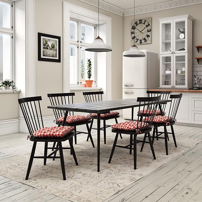 Barnett Home Decor Dining Chair Cushions with Ties - Size Medium 16.5x18, Latex Foam Fill, 100% Cotton, Machine Washable Chair Pads for Kitchen, Made in USA (Farmhouse Check Black & White/Pack of 2)