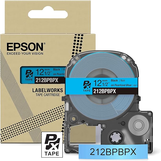 Epson LABELWORKS 212BPBPX Genuine PET (Polyester) Tape Cartridge - Black on Pearl Blue Designer Craft Label Maker Tape - 1/2" (12MM) Wide, 30'
